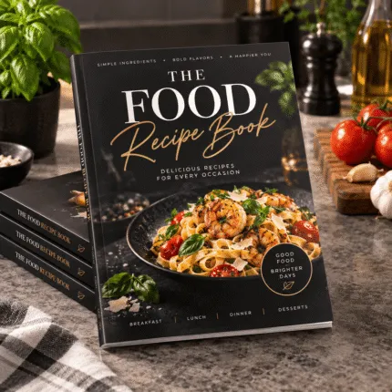 Softcover perfect bound recipe book standing on a kitchen countertop