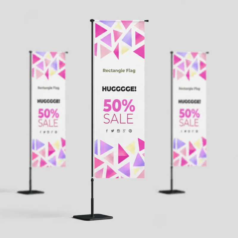 Rectangle advertising flags with matching sale graphics in three sizes