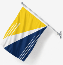 Custom pole flag mounted on an angled wall bracket
