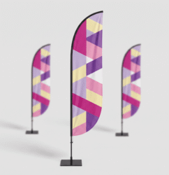 Curved feather advertising flags shown in three sizes