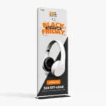 Tension fabric stand with a custom headphone promotion graphic