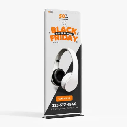 Tension fabric stand with a custom headphone promotion graphic