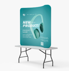 Compact curved fabric display positioned on an event table