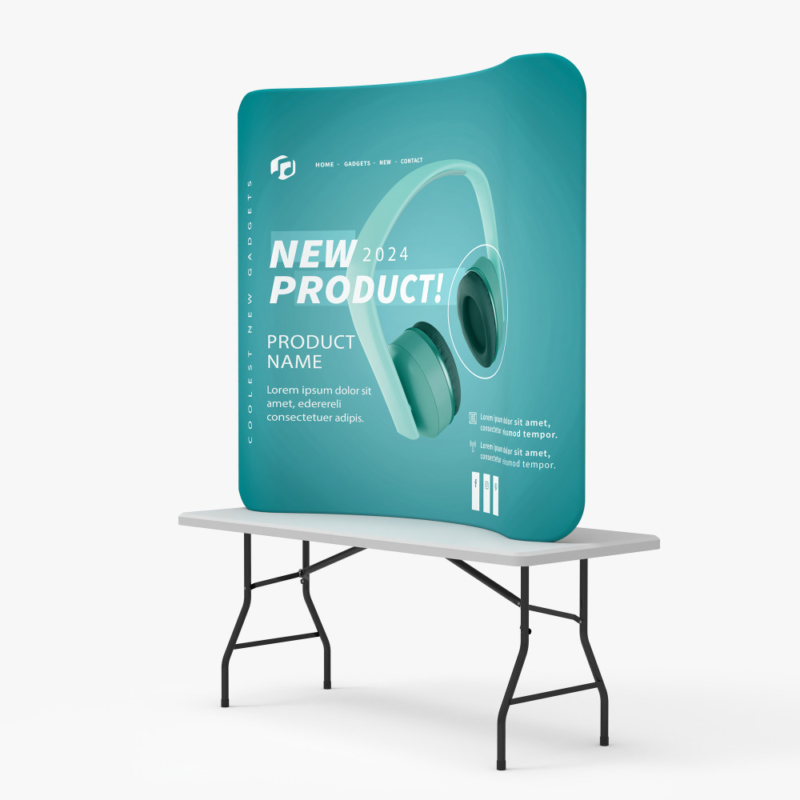 Compact curved fabric display positioned on an event table