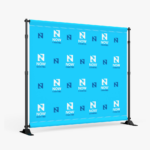 Step and repeat fabric backdrop with a repeated logo pattern