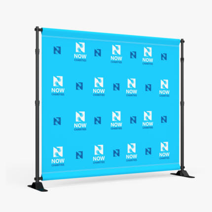 Step and repeat fabric backdrop with a repeated logo pattern
