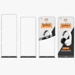 Tension fabric display frames shown with and without printed graphics