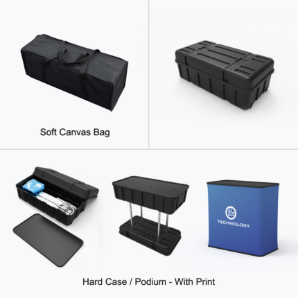 Soft carry bag and hard case with optional printed podium wrap for pop up displays
