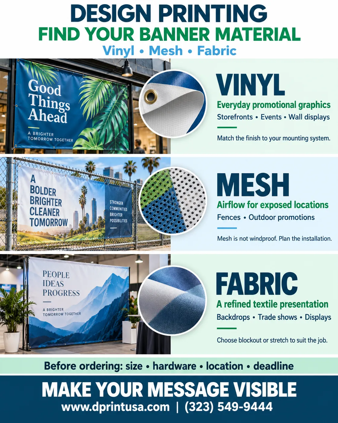 Infographic comparing vinyl banners for promotions, mesh for airflow at exposed locations, and fabric for backdrops and displays.