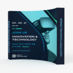 Curved fabric pop up backwall with a technology event graphic