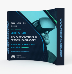 Curved fabric pop up backwall with a technology event graphic