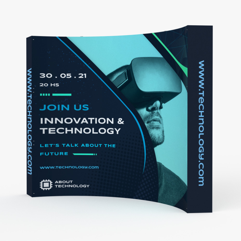 Curved fabric pop up backwall with a technology event graphic