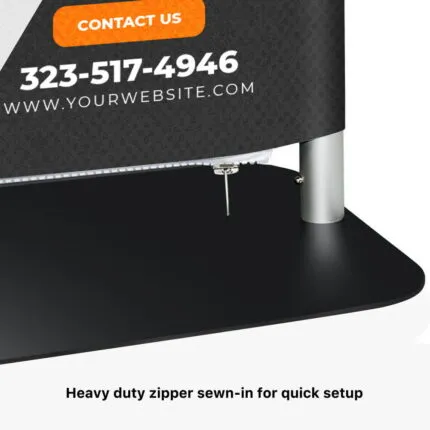 Close-up of the bottom zipper and base on a tension fabric stand