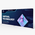 Wide straight tension fabric display with a technology graphic